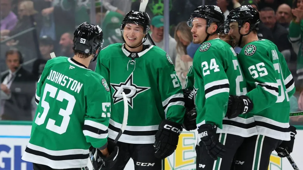 Jason Robertson #21 of the Dallas Stars celebrates with teammates after scoring a goal during the first period against the San Jose Sharks at American Airlines Center on November 20, 2024. (Source: Sam Hodde/Getty Images)