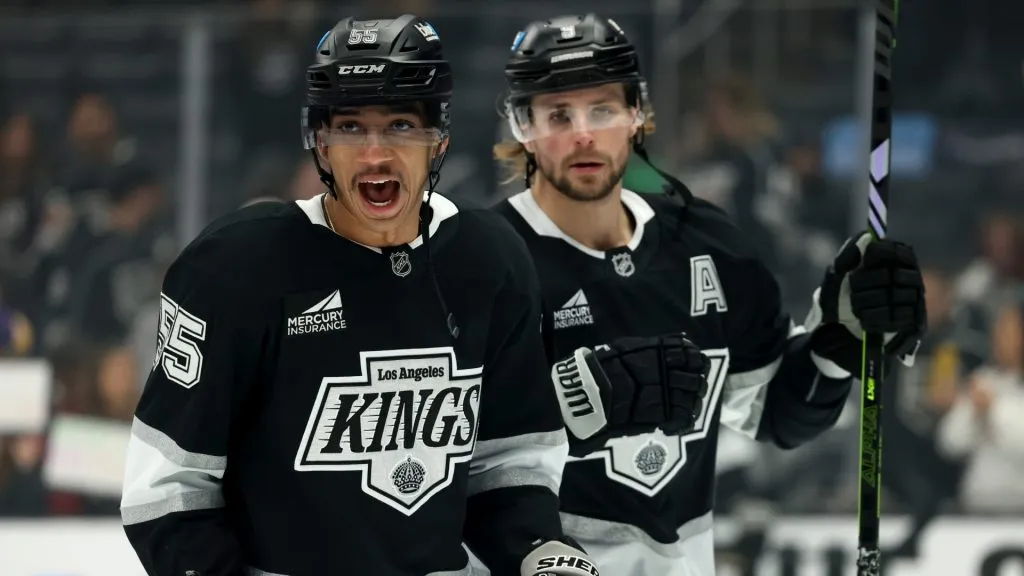 Quinton Byfield #55 and Adrian Kempe #9 of the Los Angeles Kings during warm up before the game against the Buffalo Sabres at Crypto.com Arena on November 20, 2024. (Source: Harry How/Getty Images)