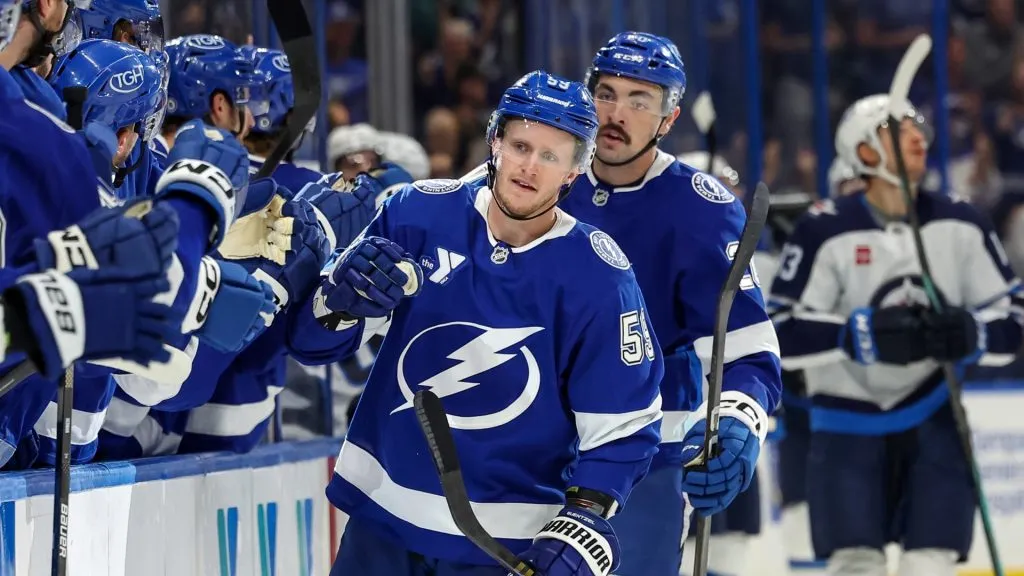 Jake Guentzel #59 of the Tampa Bay Lightning celebrates his goal against the Winnipeg Jets during the first period at the Amalie Arena on November 14, 2024. (Source: Mike Carlson/Getty Images)