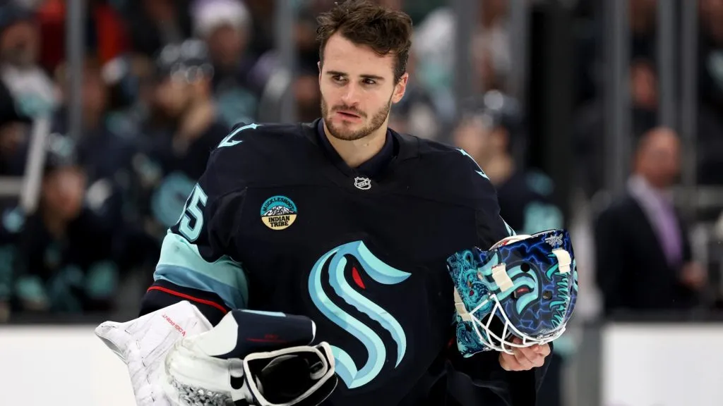 Joey Daccord #35 of the Seattle Kraken looks on against the Nashville Predators at Climate Pledge Arena on November 20, 2024. (Source: Steph Chambers/Getty Images)
