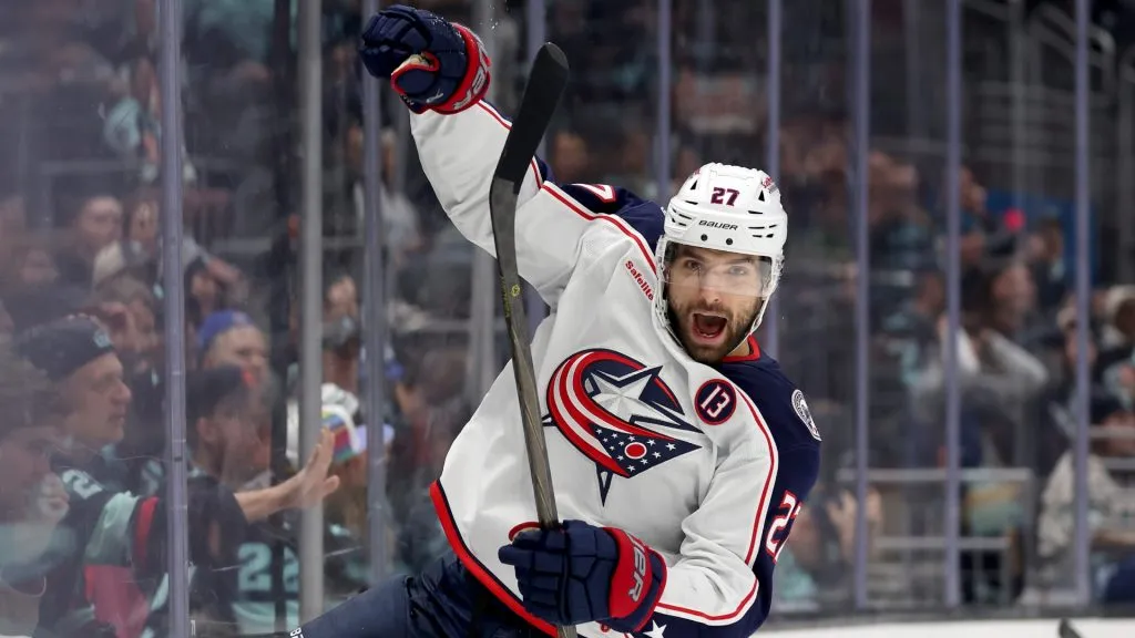 Zachary Aston-Reese #27 of the Columbus Blue Jackets celebrates his goal during the first period against the Seattle Kraken at Climate Pledge Arena on November 12, 2024. (Source: Steph Chambers/Getty Images)