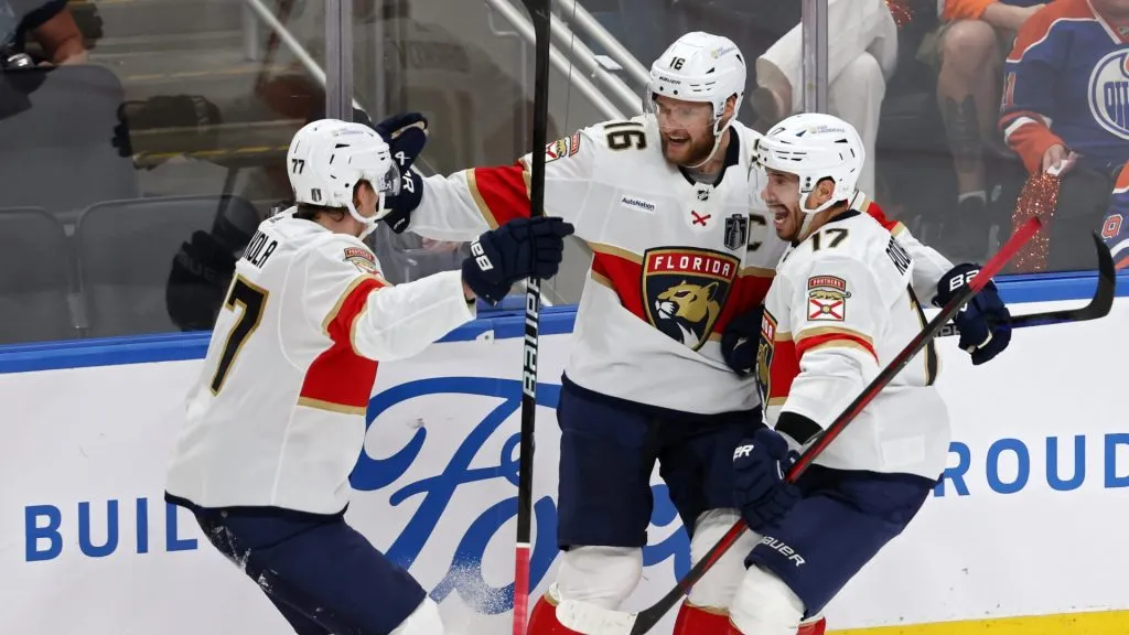 Aleksander Barkov #16 celebrates with Niko Mikkola #77 and Evan Rodrigues after Barkov’s goal against the Edmonton Oilers during the second period of Game Three of the 2024 Stanley Cup Final in 2024. (Source: Harry How/Getty Images)