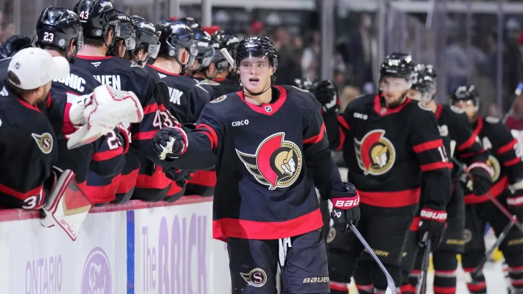 Tim Stützle #18 of the Ottawa Senators celebrates his first period goal against the Edmonton Oilers at Canadian Tire Centre on November 19, 2024. (Source: Chris Tanouye/Freestyle Photography/Getty Images)