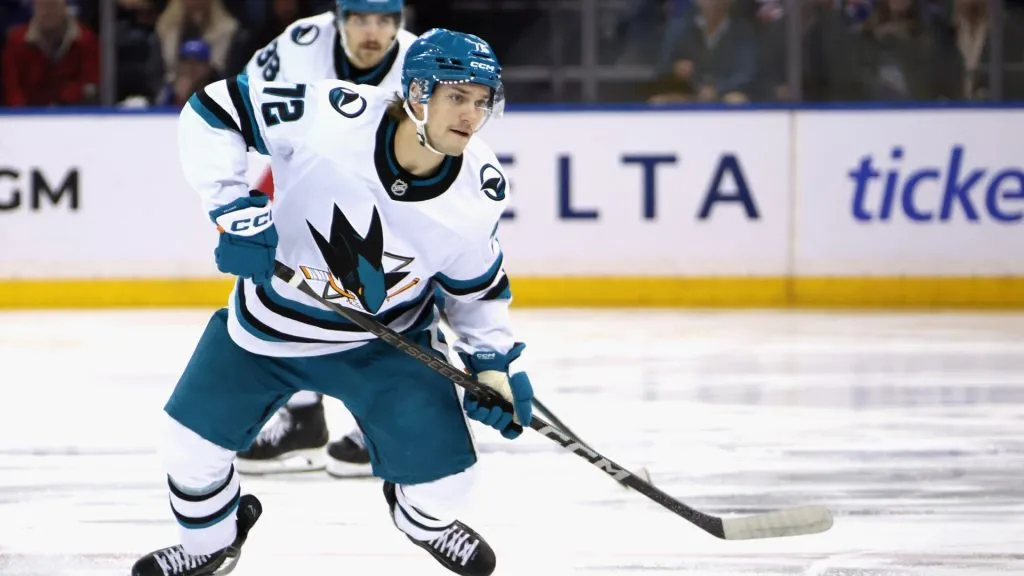 William Eklund #72 of the San Jose Sharks skates against the New York Rangers at Madison Square Garden on November 14, 2024. (Source: Bruce Bennett/Getty Images)
