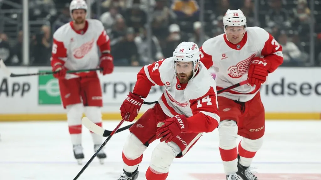 Tyler Motte #14 of the Detroit Red Wings leads a rush ahead of Christian Fischer #36 and Jeff Petry #46 during a 4-1 loss to the Los Angeles Kings at Crypto.com Arena on November 16, 2024. (Source: Harry How/Getty Images)