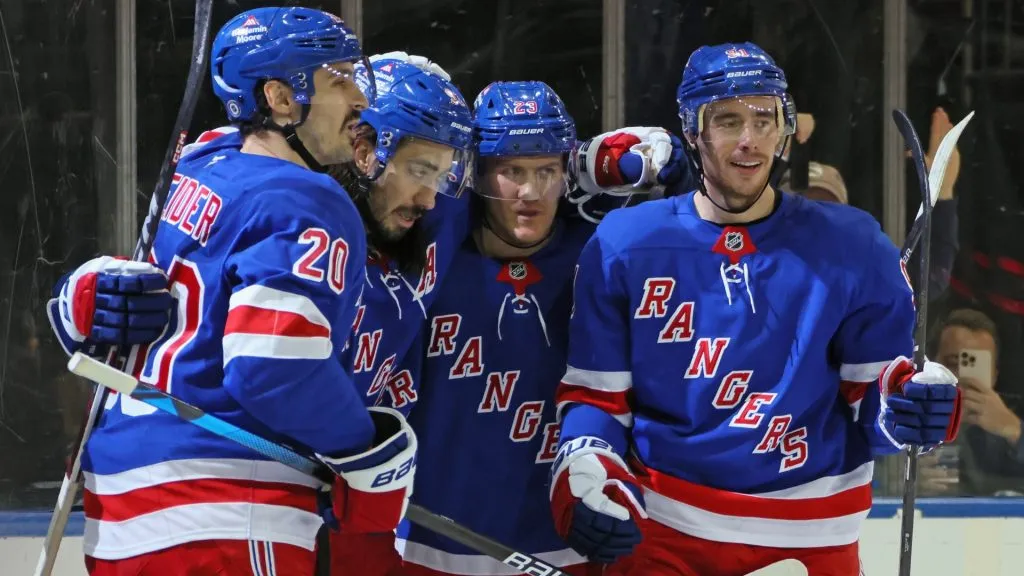 Chris Kreider, Mika Zibanejad, Adam Fox and Reilly Smith of the New York Rangers celebrate Zibanejad’s second period goal against the San Jose Sharks at Madison Square Garden on November 14, 2024. (Source: Bruce Bennett/Getty Images)