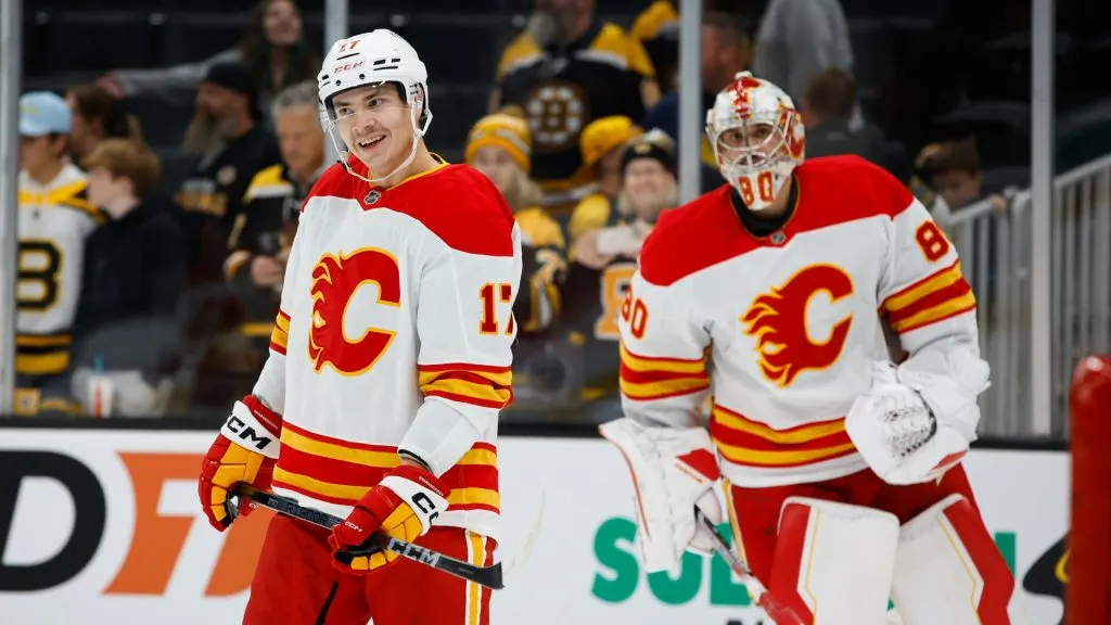 Yegor Sharangovich #17 of the Calgary Flames warms up before a game against the Boston Bruins at the TD Garden on November 7, 2024. (Source: Rich Gagnon/Getty Images)