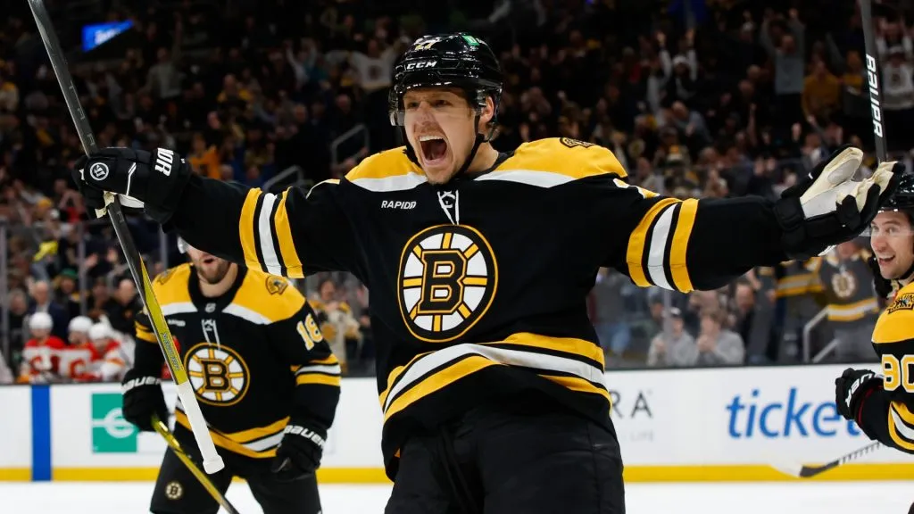 Hampus Lindholm #27 of the Boston Bruins celebrates his goal against the Calgary Flames during the first period at the TD Garden on November 7, 2024. (Source: Rich Gagnon/Getty Images)