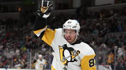Sidney Crosby #87 of the Pittsburgh Penguins celebrates after Rickard Rakell #67 scored a goal against the San Jose Sharks in the first period at SAP Center on February 14, 2023.