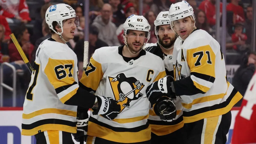 Sidney Crosby #87 of the Pittsburgh Penguins celebrates his third period goal with teammates while playing the Detroit Red Wings at Little Caesars Arena on April 08, 2023. (Source: Gregory Shamus/Getty Images)