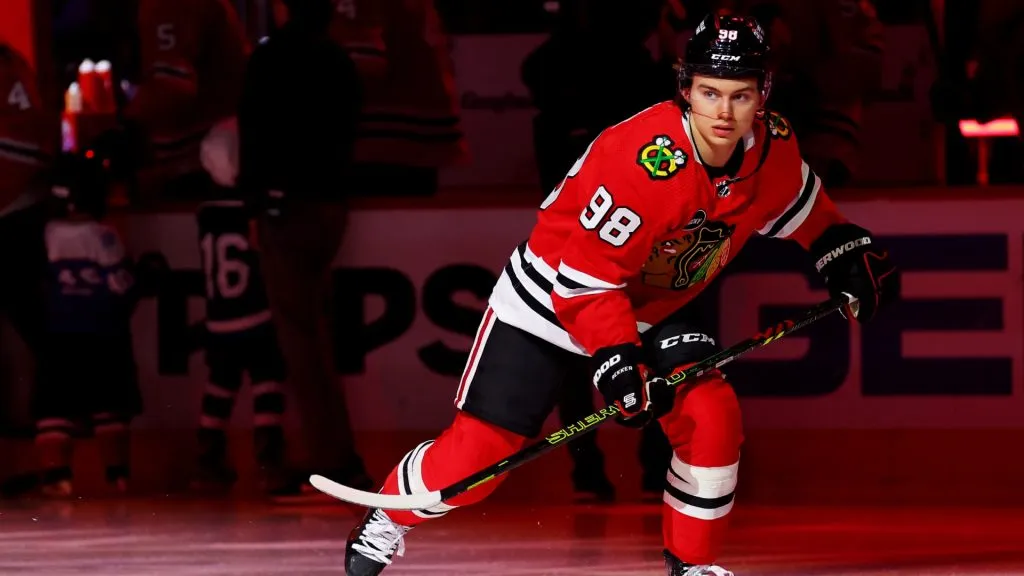 Connor Bedard #98 of the Chicago Blackhawks takes the ice prior to the game against the St. Louis Blues during the first period at the United Center on December 09, 2023. (Source: Michael Reaves/Getty Images)