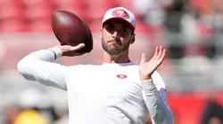 Brandon Allen #17 of the San Francisco 49ers warms up prior to the start of a preseason game against the New Orleans Saints at Levi's Stadium on August 18, 2024 in Santa Clara, California.