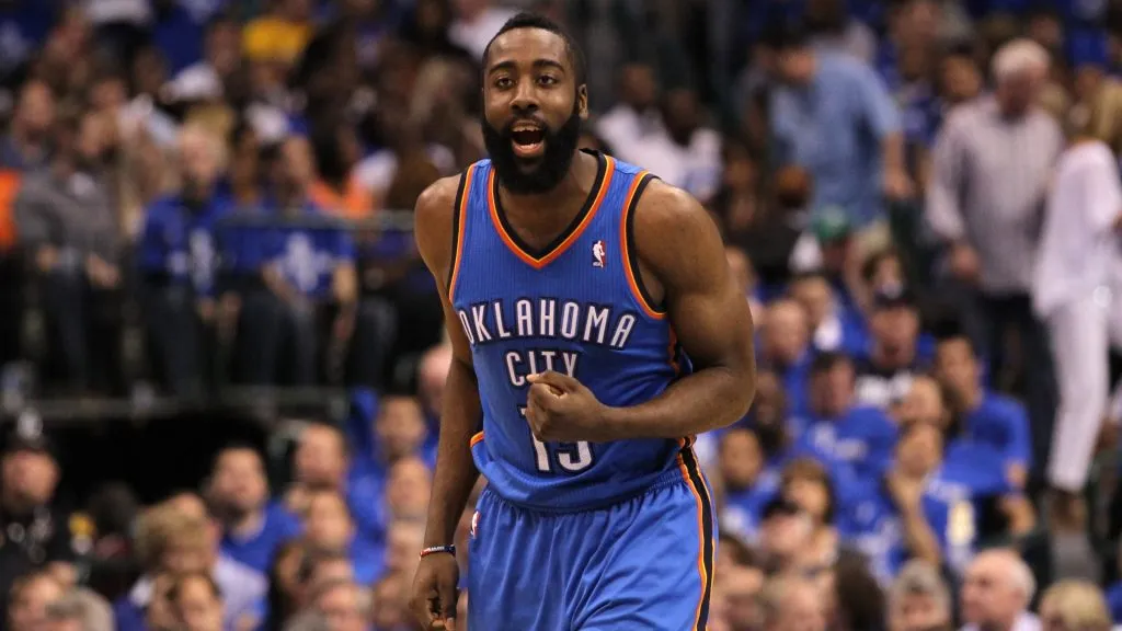 James Harden #13 of the Oklahoma City Thunder reacts in the second half while taking on the Dallas Mavericks in Game Five of the Western Conference Finals during the 2011 NBA Playoffs at American Airlines Center on May 25, 2011 in Dallas, Texas. 