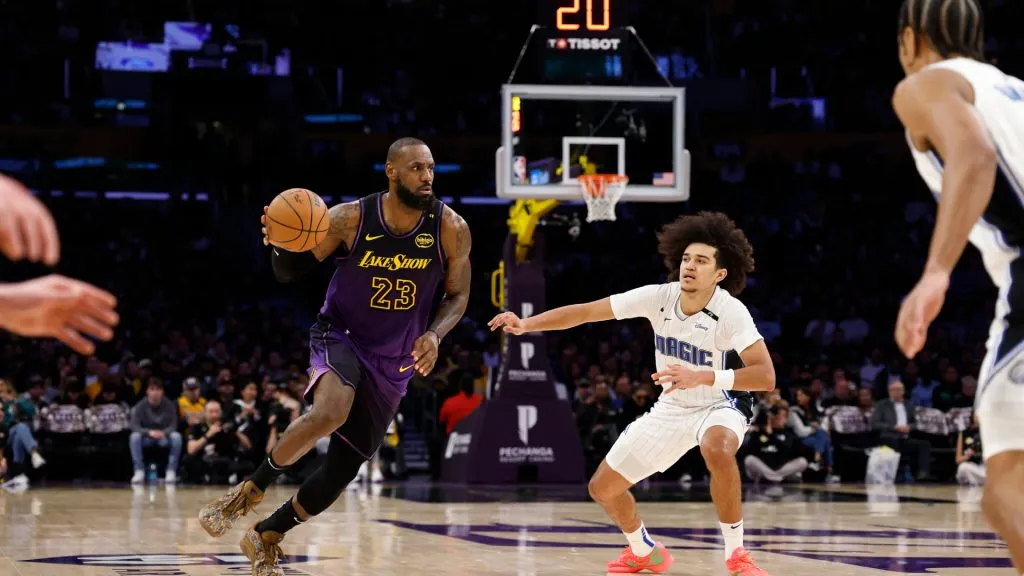 LeBron James #23 of the Los Angeles Lakers at Crypto.com Arena against the Orlando Magic. (Ronald Martinez/Getty Images)