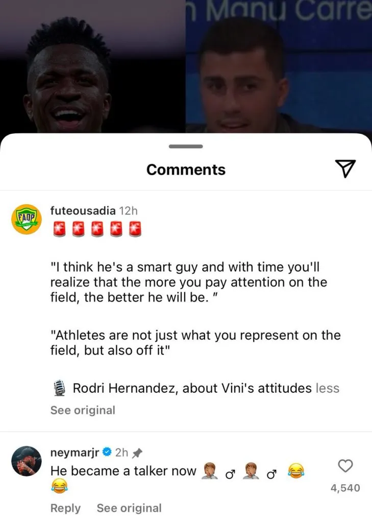 Neymar’s comment on Instagram.