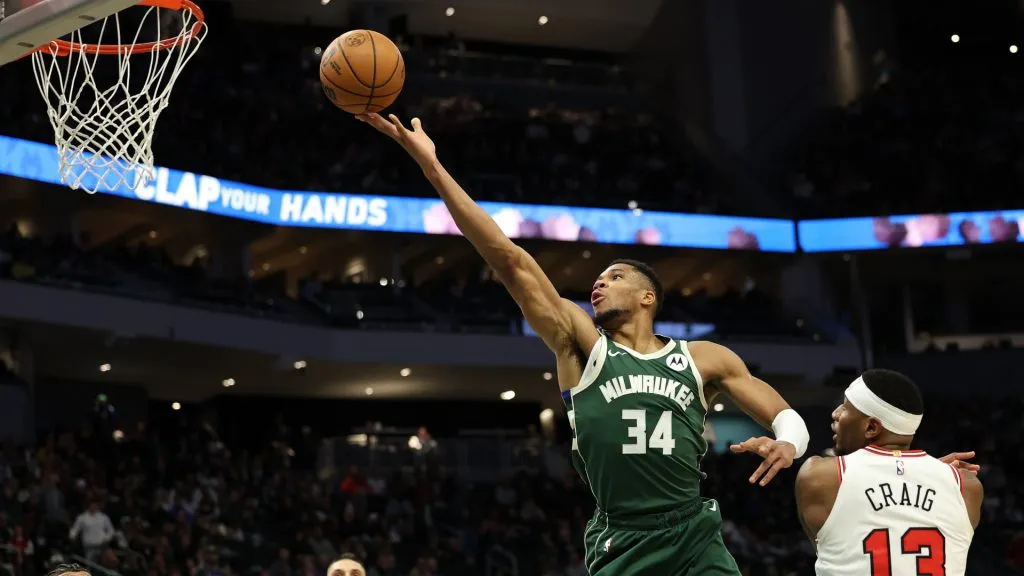 Giannis Antetokounmpo #34 of the Milwaukee Bucks drives to the basket during the second half of a game against the Chicago Bulls at Fiserv Forum. (Stacy Revere/Getty Images)