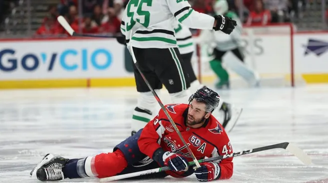 Tom Wilson #43 of the Washington Capitals is tied up with a stick of a Dallas Stars player during the third period at Capital One Arena on October 17, 2024 in Washington, DC. (Photo by Patrick Smith/Getty Images)
