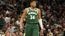 Giannis Antetokounmpo #34 of the Milwaukee Bucks walks backcourt during a game against the Chicago Bulls at Fiserv Forum