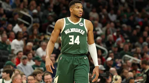 Giannis Antetokounmpo #34 of the Milwaukee Bucks walks backcourt during a game against the Chicago Bulls at Fiserv Forum