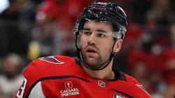Tom Wilson #43 of the Washington Capitals and Evgeni Malkin #71 of the Pittsburgh Penguins exchange words during the second period at Capital One Arena in Washington, DC.