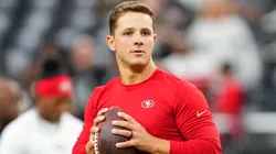Quarterback Brock Purdy #13 of the San Francisco 49ers warms up before a preseason game against the Las Vegas Raiders at Allegiant Stadium on August 23, 2024.