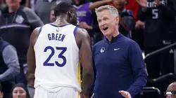 Draymond Green #23 of the Golden State Warriors talks to head coach Steve Kerr after receiving a technical foul in the fourth quarter against the Sacramento Kings during the NBA In-Season Tournament game at Golden 1 Center.