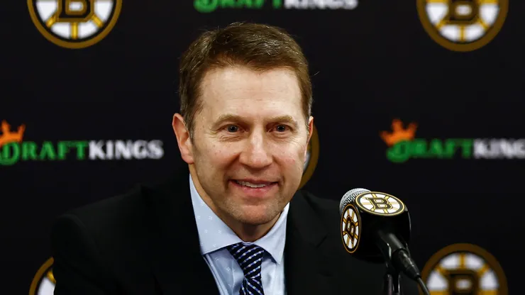 Boston Bruins interim head coach Joe Sacco smiles at his news conference following their 1-0 win over the Utah Hockey Club at TD Garden on November 21, 2024 in Boston, Massachusetts.