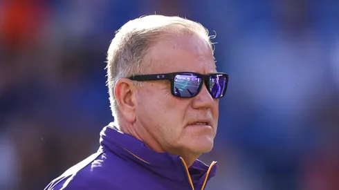 Head coach Brian Kelly of the LSU Tigers looks on before the start of a game against the Florida Gators at Ben Hill Griffin Stadium on November 16, 2024 in Gainesville, Florida