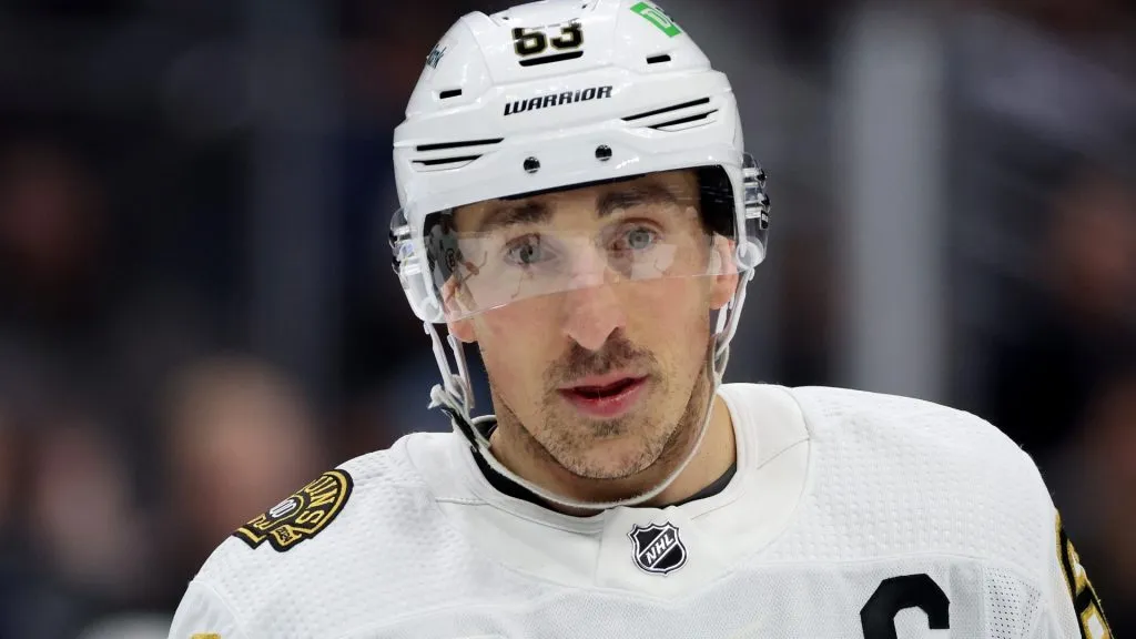 Brad Marchand #63 of the Boston Bruins looks on during the first period against the Seattle Kraken at Climate Pledge Arena on February 26, 2024 in Seattle, Washington.