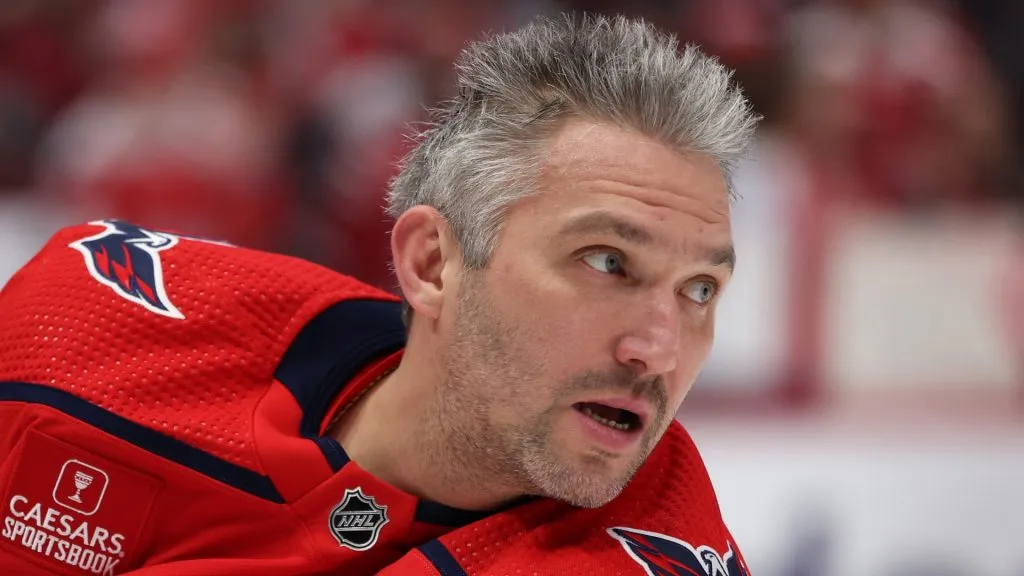Alex Ovechkin #8 of the Washington Capitals skates during warmups before playing against the New York Islanders at Capital One Arena on December 20, 2023 in Washington, DC.