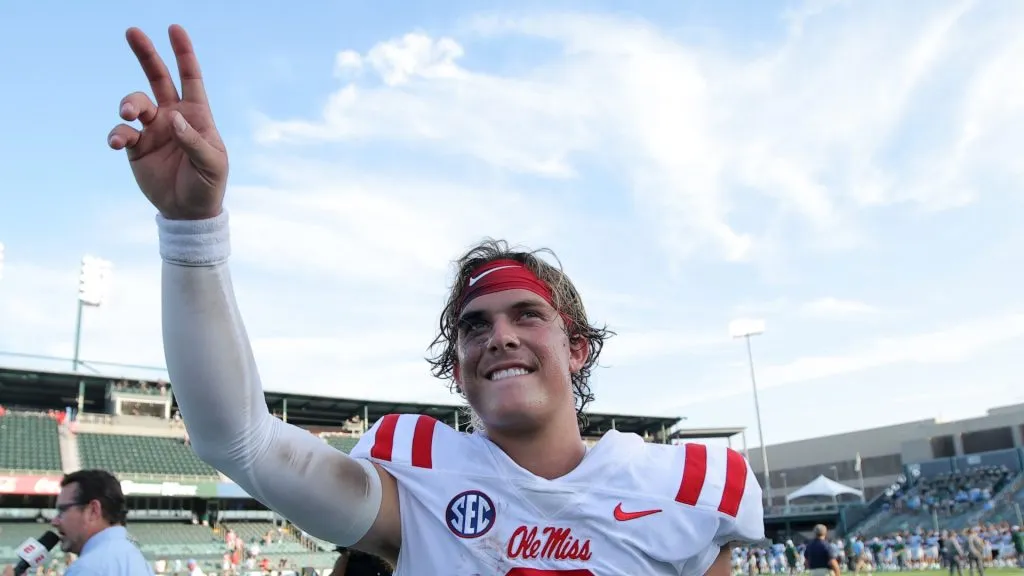 Jaxson Dart #2 of the Mississippi Rebels celebrates after a game against the Tulane Green Wave at Yulman Stadium on September 09, 2023 in New Orleans, Louisiana.
