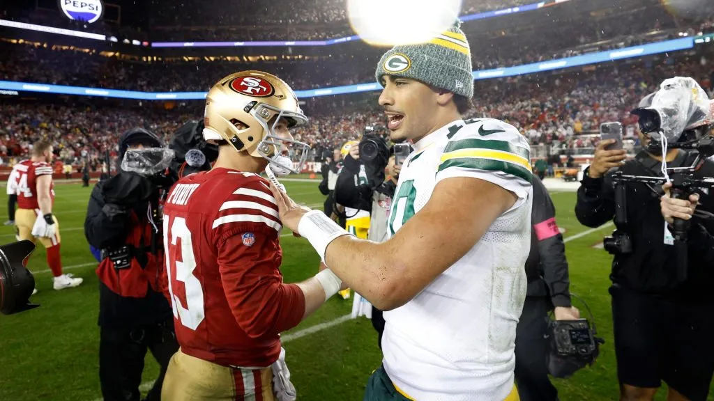 JANUARY 20: Brock Purdy #13 of the San Francisco 49ers greets Jordan Love #10 of the Green Bay Packers after the 49ers defeated the Packers 24-21 in the NFC Divisional Playoffs at Levi’s Stadium on January 20, 2024 in Santa Clara, California.