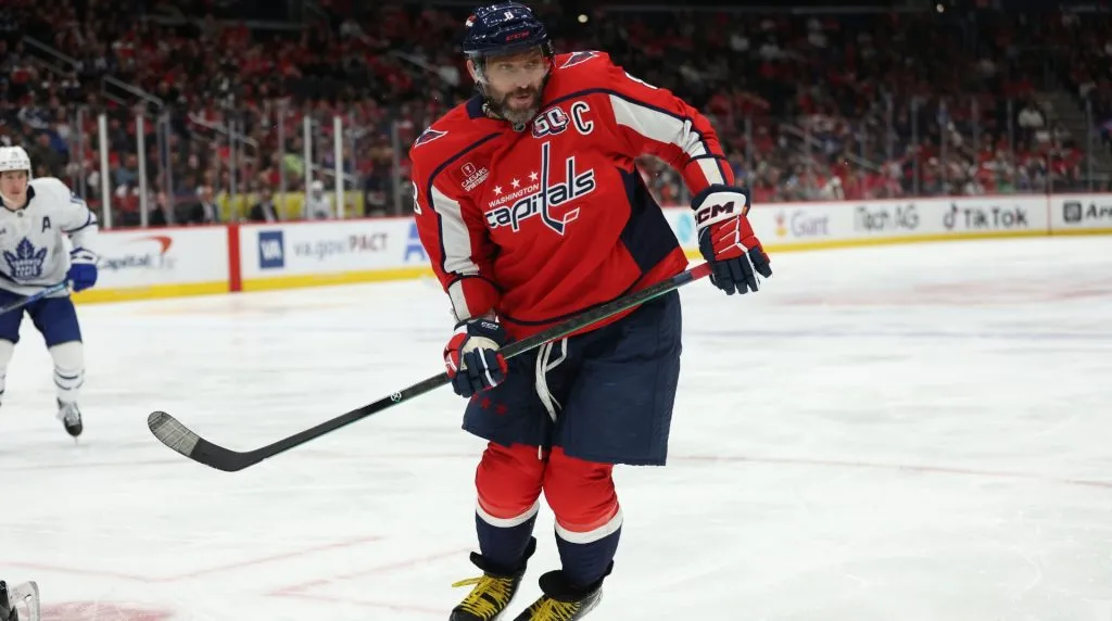 Alex Ovechkin #8 of the Washington Capitals skates against the Toronto Maple Leafs during the second period at Capital One Arena on November 13, 2024 in Washington, DC. (Photo by Patrick Smith/Getty Images)