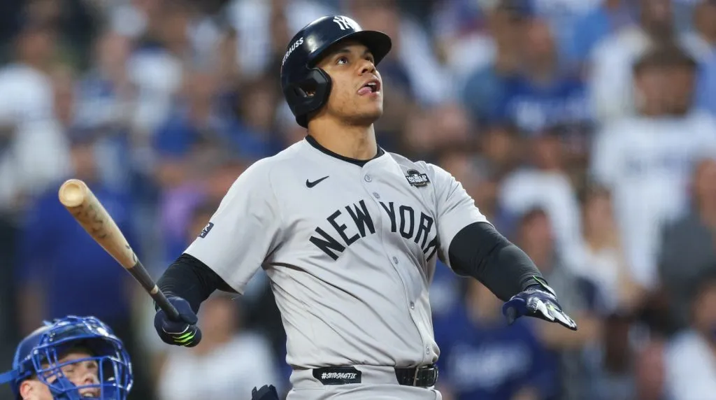 Juan Soto #22 of the New York Yankees watches his solo home run against the Los Angeles Dodgers in the third inning during Game Two of the 2024 World Series at Dodger Stadium on October 26, 2024 in Los Angeles, California. (Photo by Harry How/Getty Images)