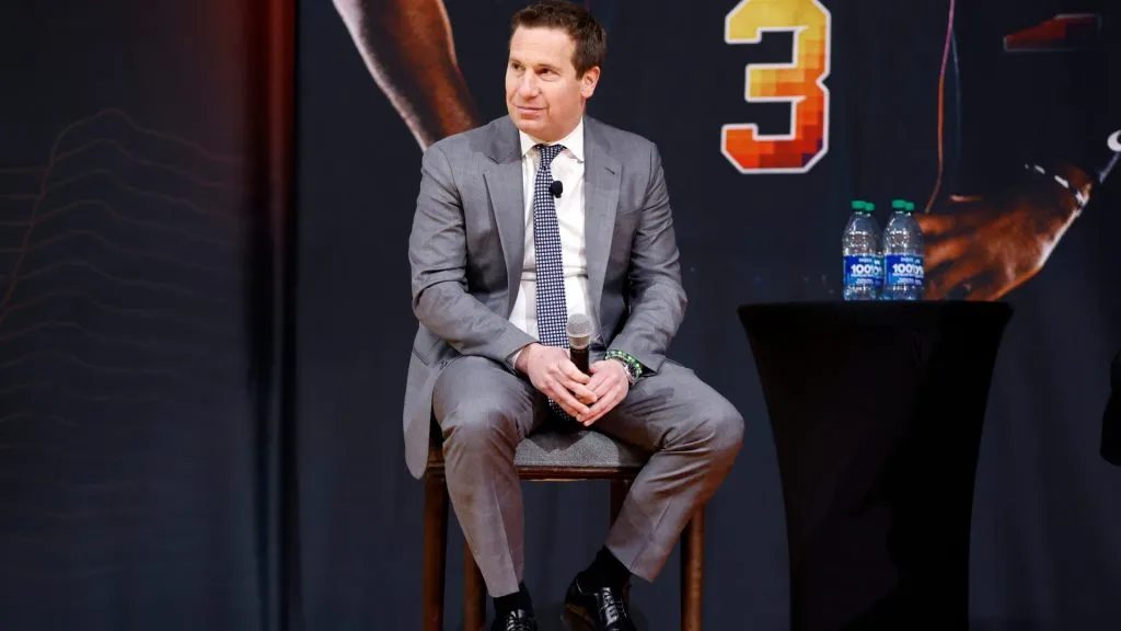 Owner Mat Ishbia of the Phoenix Suns answers questions from the media during a press conference introducing Kevin Durant at Footprint Center on February 16, 2023 in Phoenix, Arizona.