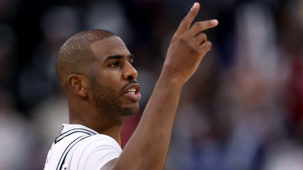 Chris Paul #3 of the San Antonio Spurs reacts during a 113-104 LA Clippers win at Intuit Dome on November 04, 2024 in Inglewood, California.
