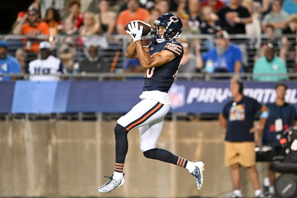CANTON, OHIO – AUGUST 01: Collin Johnson #80 of the Chicago Bears catches a 20-yard touchdown pass during the first half of the 2024 Pro Football Hall of Fame Game against the Houston Texans at Tom Benson Hall Of Fame Stadium on August 01, 2024 in Canton, Ohio. (Photo by Nick Cammett/Getty Images)