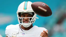 Tua Tagovailoa #1 of the Miami Dolphins warms up prior to a game against the Las Vegas Raiders at Hard Rock Stadium on November 17, 2024 in Miami Gardens, Florida.