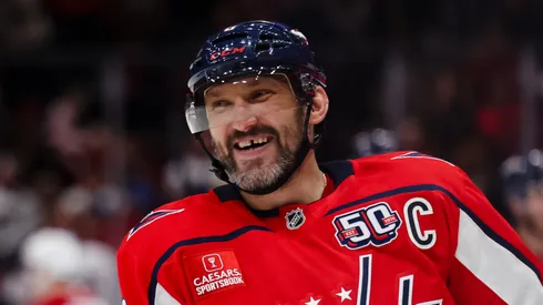 Alex Ovechkin #8 of the Washington Capitals reacts after scoring a goal against the Montreal Canadiens during the third period of the game at Capital One Arena on October 31, 2024 in Washington, DC.