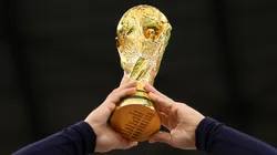 A detailed view of the FIFA World Cup trophy.