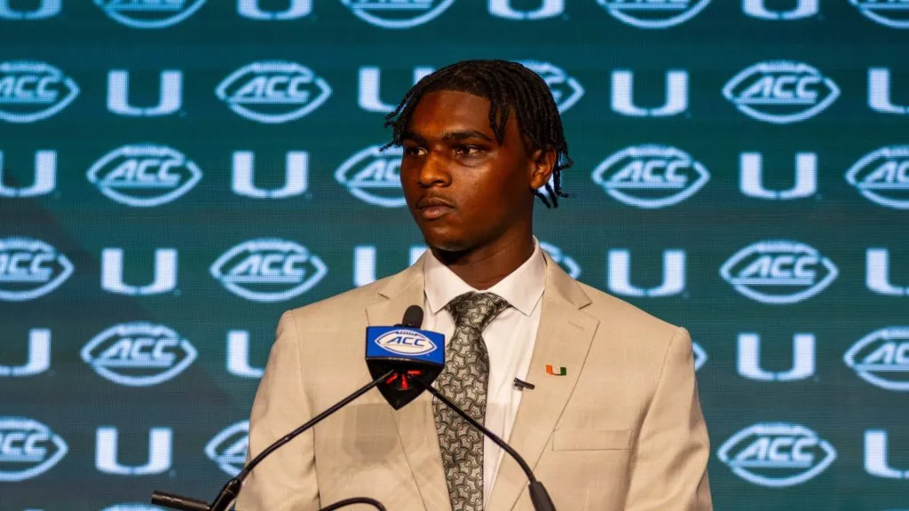 Miami Hurricanes quarterback Cam Ward speaks with the media during the 2024 ACC Football Kickoff at Hilton Uptown Charlotte in Charlotte, NC.