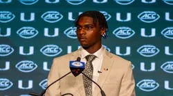 Miami Hurricanes quarterback Cam Ward speaks with the media during the 2024 ACC Football Kickoff at Hilton Uptown Charlotte in Charlotte, NC.
