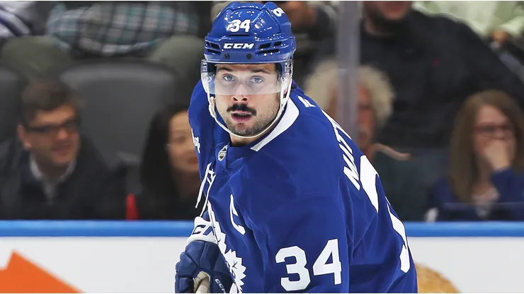 Auston Matthews #34 of the Toronto Maple Leafs skates against the Seattle Kraken during the Third period in an NHL game at Scotiabank Arena on October 31, 2024 in Toronto, Ontario, Canada. The Maple Leafs defeated the Kraken 4-1.