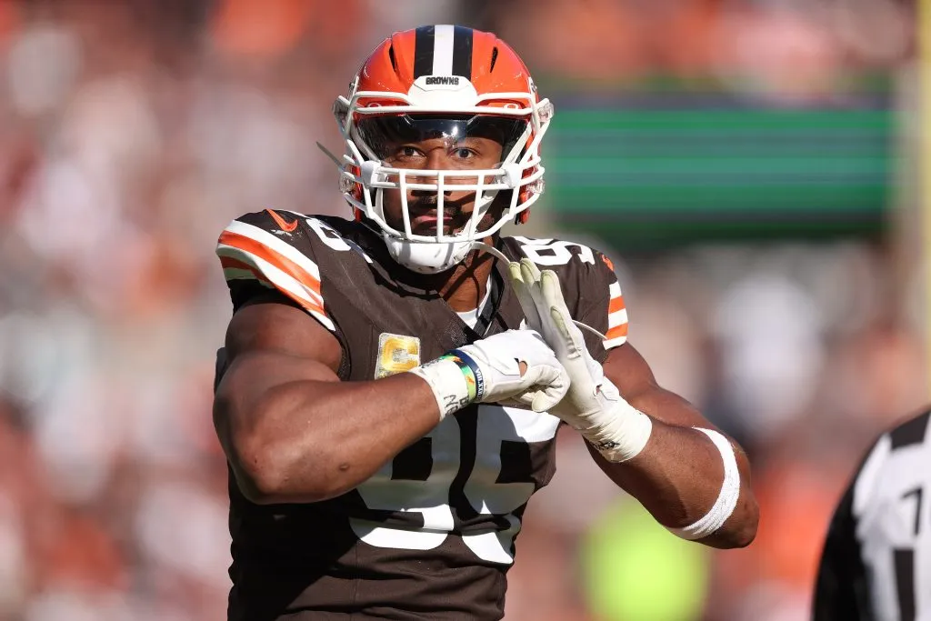 CLEVELAND, OHIO – NOVEMBER 03: Myles Garrett #95 of the Cleveland Browns plays against the Los Angeles Chargers at Cleveland Browns Stadium on November 03, 2024 in Cleveland, Ohio. (Photo by Gregory Shamus/Getty Images)
