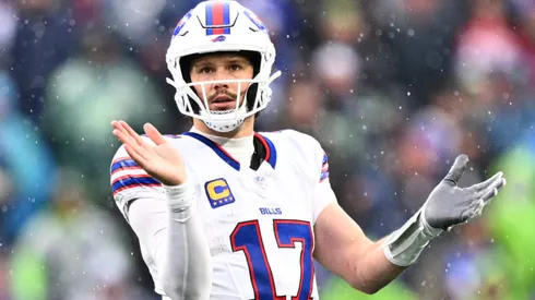 Josh Allen #17 of the Buffalo Bills reacts during the second quarter against the Seattle Seahawks at Lumen Field on October 27, 2024 in Seattle, Washington.