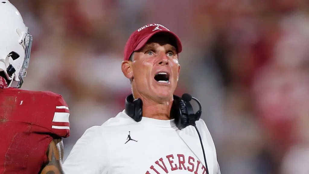 Head coach Brent Venables of the Oklahoma Sooners reacts after an unsportsmanlike conduct penalty on defensive back Jaydan Hardy #14 on a fourth-and-22 against the Houston Cougars resulting in a first down for Houston in the third quarter at Gaylord Family Oklahoma Memorial Stadium on September 7, 2024 in Norman, Oklahoma. Oklahoma won 16-12.