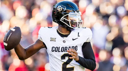 Shedeur Sanders #2 of the Colorado Buffaloes passes the ball during the first half of the game against the Texas Tech Red Raiders at Jones AT&T Stadium on November 09, 2024 in Lubbock, Texas.
