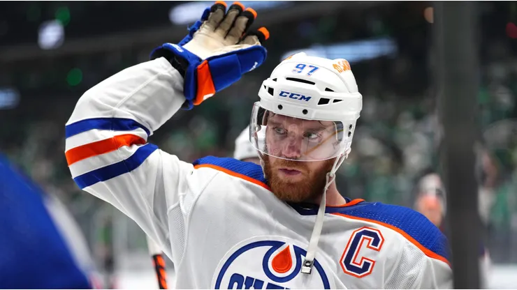Connor McDavid #97 of the Edmonton Oilers reacts after his game winning goal against the Dallas Stars during the second overtime in Game One of the Western Conference Final of the 2024 Stanley Cup Playoffs.