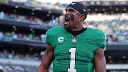 Jalen Hurts #1 of the Philadelphia Eagles yells prior to a game against the Jacksonville Jaguars at Lincoln Financial Field on November 03, 2024 in Philadelphia, Pennsylvania.
