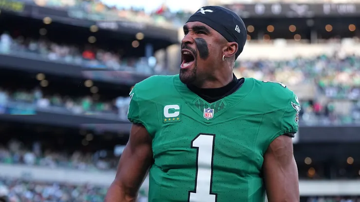 Jalen Hurts #1 of the Philadelphia Eagles yells prior to a game against the Jacksonville Jaguars at Lincoln Financial Field on November 03, 2024 in Philadelphia, Pennsylvania.